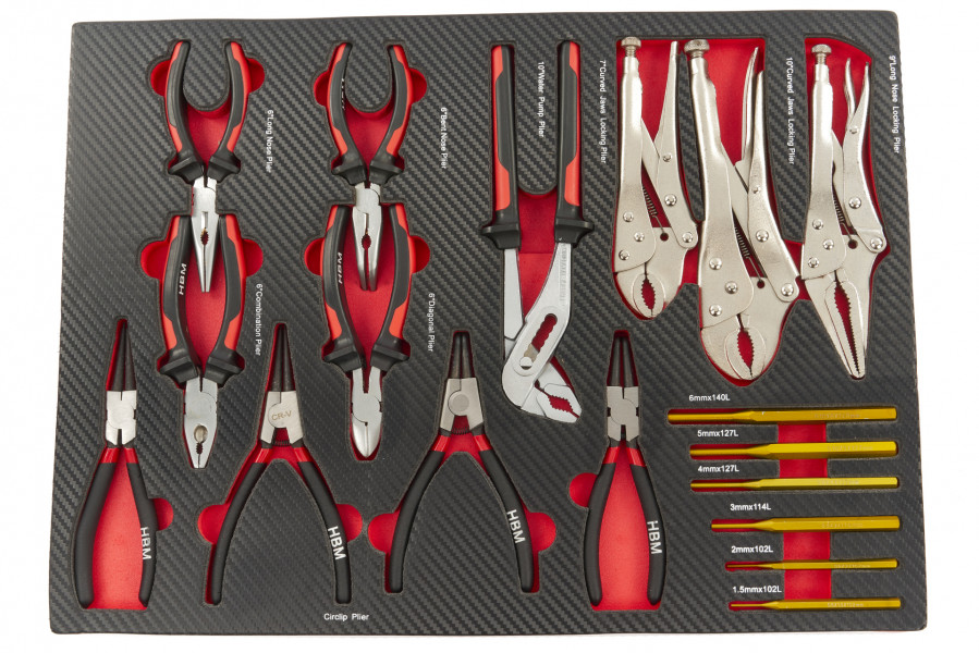 HBM 17 Delige Tangen en Doorslagenset in Carbon Foam inlay voor Gereedschapswagen