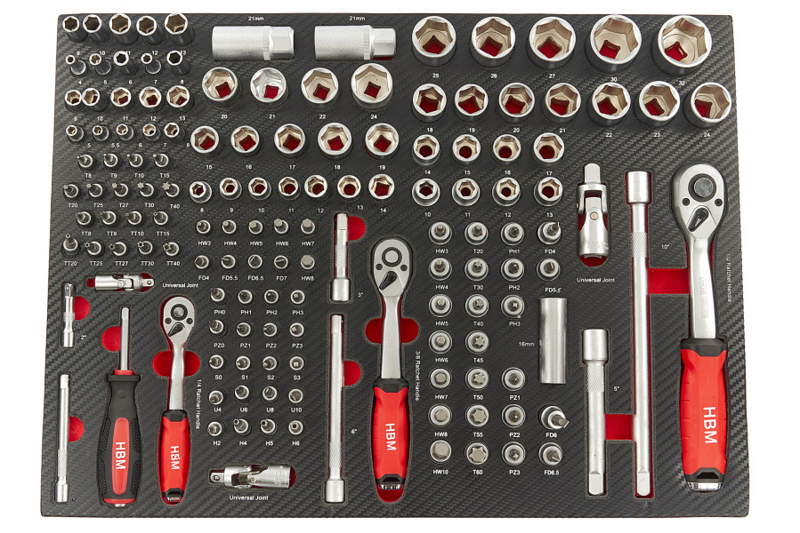 HBM 145 Delige Doppenset met Ratels in Carbon Foam inlay voor Gereedschapswagen